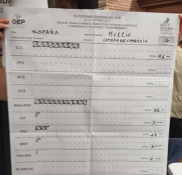 Imagen del acta de la mesa no contabilizada en Murcia en los recientes comicios presidenciales de Bolivia.
