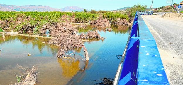 El extremo inacabado de la 'autovía del bancal' (Zeneta-San Javier) presentaba ayer este lamentable estado, con el agua que cayó hace dos meses aún estancada. El acceso permanece cortado. 