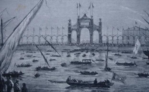 Imagen principal - 1- Uno de los grabados de época que retrataron la inauguración del canal. 2- Anuncio en 'La Paz de Murcia' del barco que partía desde Barcelona hacia Manila. 3- Las escalas que el Gobierno central fijó para el concurso de vapores a través del canal de Suez.