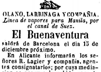 Imagen secundaria 1 - 1- Uno de los grabados de época que retrataron la inauguración del canal. 2- Anuncio en 'La Paz de Murcia' del barco que partía desde Barcelona hacia Manila. 3- Las escalas que el Gobierno central fijó para el concurso de vapores a través del canal de Suez.