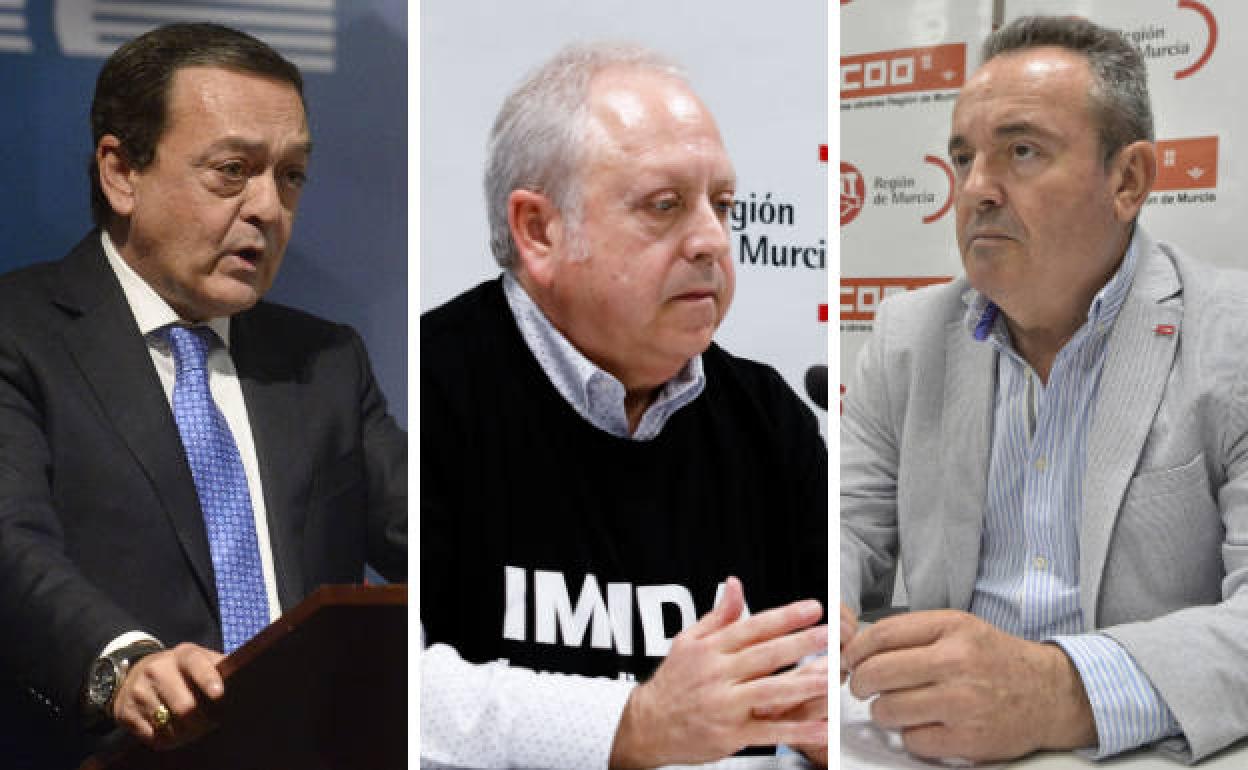 José María Albarracín, presidente de Croem; Antonio Jiménez, secretario general de UGT en la Región; y Santiago Navarro, secretario general de CC OO en la Región.