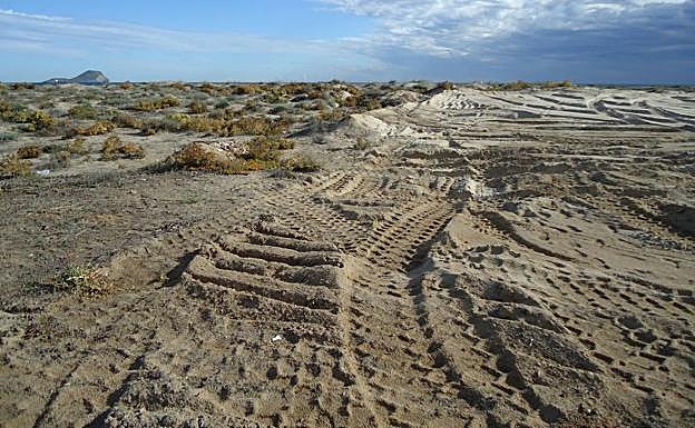 La parcela roturada, en La Manga. Al fondo, Isla Grosa.