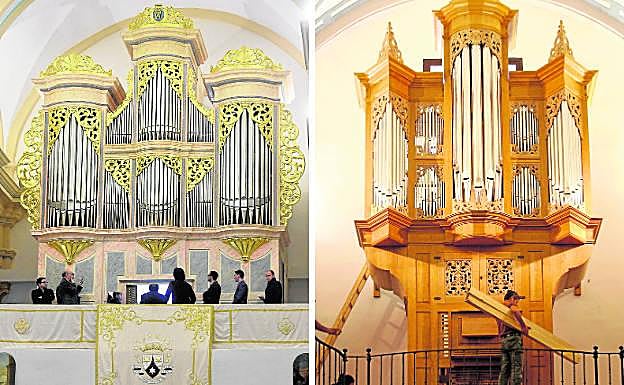 A la izquierda, órgano de El Carmen, en Murcia. A la derecha, montaje del de la iglesia de San Miguel, en Murcia, en septiembre de 2017.