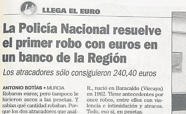 Noticia publicada en LA VERDAD, el 5 de enero de 2002, del asalto a una caja de Murcia protagonizado por 'El Niño'.