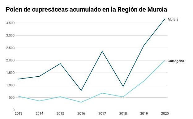 Evolución de la concentración de polen entre los meses de enero y febrero en los últimos ocho años.
