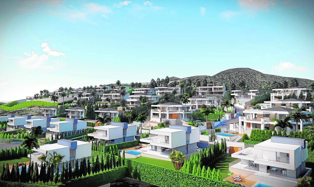 Recreación por ordenador de cómo sería la nueva urbanización de lujo junto a La Manga Club, con apartamentos y chalés con piscina.