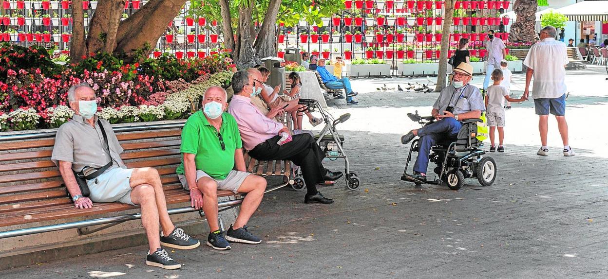 Un grupo de viandantes se toma un respiro a la sombra de los árboles, en la plaza de Santo Domingo de Murcia, ayer a mediodía. 