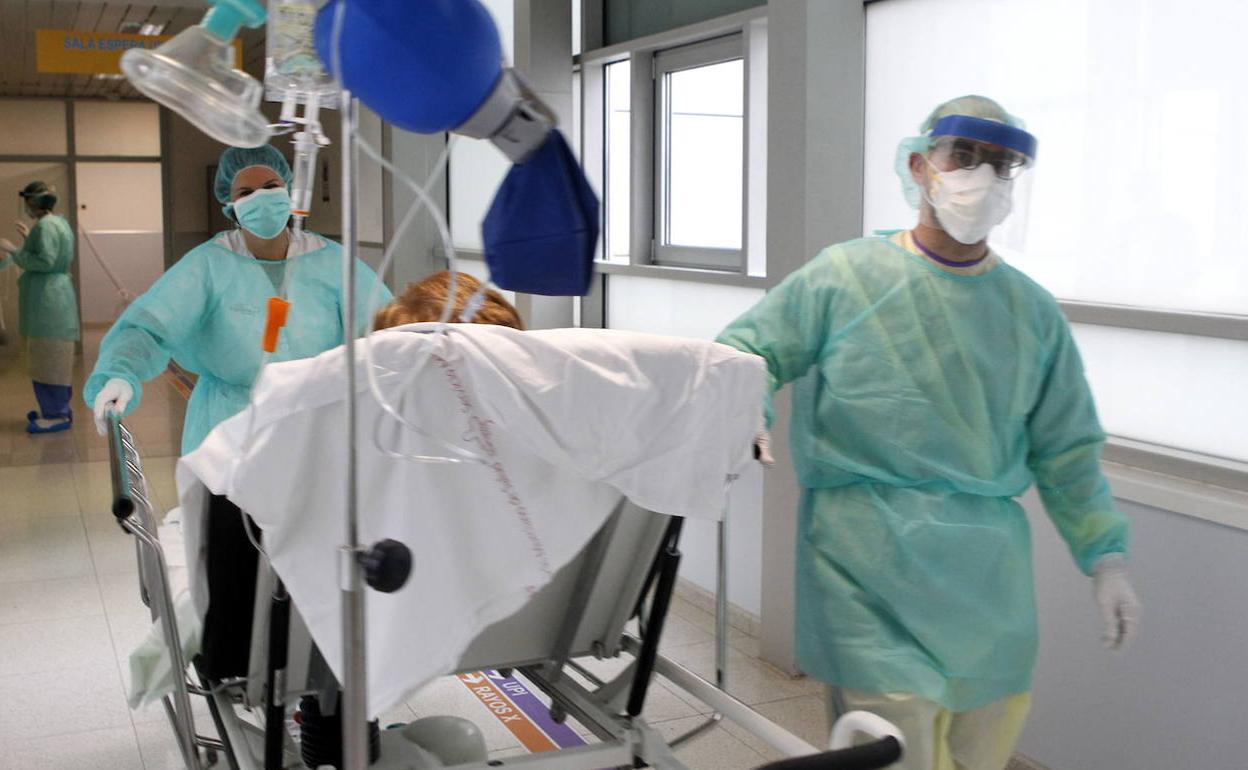 Dos enfermeros transportan a un paciente en camilla, en el hospital Reina Sofía, en una foto de archivo.