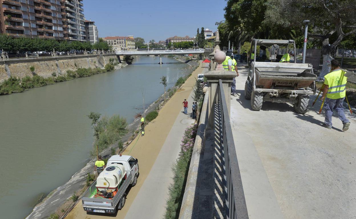 Operarios trabajan en las nuevas actuaciones de Murcia Río, este lunes. 