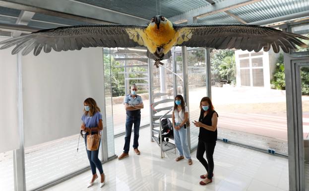 La recreación del quebrantahuesos 'sobrevuela' a tres periodistas y a un vigilante del Centro de Fauna.