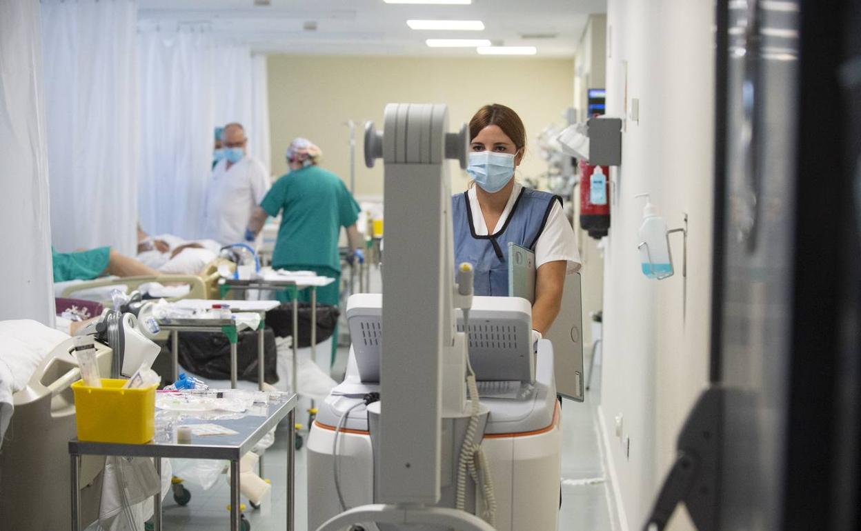 Imagen de archivo de varios sanitarios en el Hospital Reina Sofía preparando el centro para albergar a más pacientes de Covid-19. 