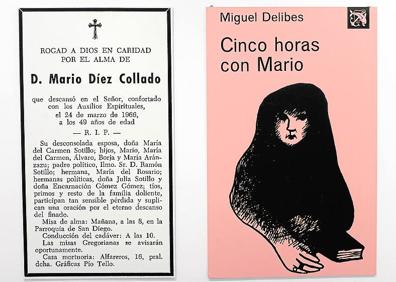 Imagen secundaria 1 - Arriba, la actriz Lola Herrera, Menchu en 'Cinco horas con Mario' más de cuatro décadas, con Delibes. A la izquierda, portada de 'Cinco horas con Mario', con la viuda, y esquela de Mario. A la derecha, reproducción de una de las ilustraciones que pueden verse en la exposición de los dibujos de 'El camino', en Murcia, y que Delibes realizó para la edición estadounidense en 1960.