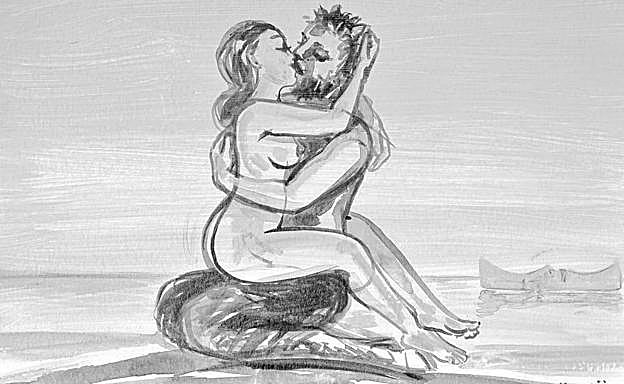 Elogio del erotismo. Una de las obras -acrílico sobre papel- realizadas por Pepe Yagües a partir de los versos eróticos del poeta oriolano Miguel Hernández, a quien dedica su nuevo libro de artista, expuesto estos días en Nápoles, en la II Muestra de Libros de Artista y Exlibris 'Il piacere nei libri', en la que participan 80 creadores europeos.