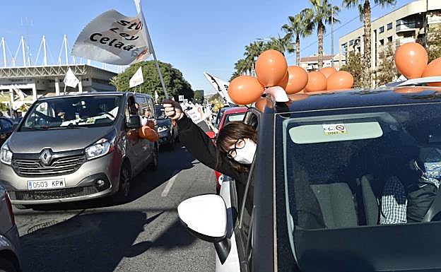 Una de las participantes en la manifestación portanto una bandera contra la 'ley Celaá'