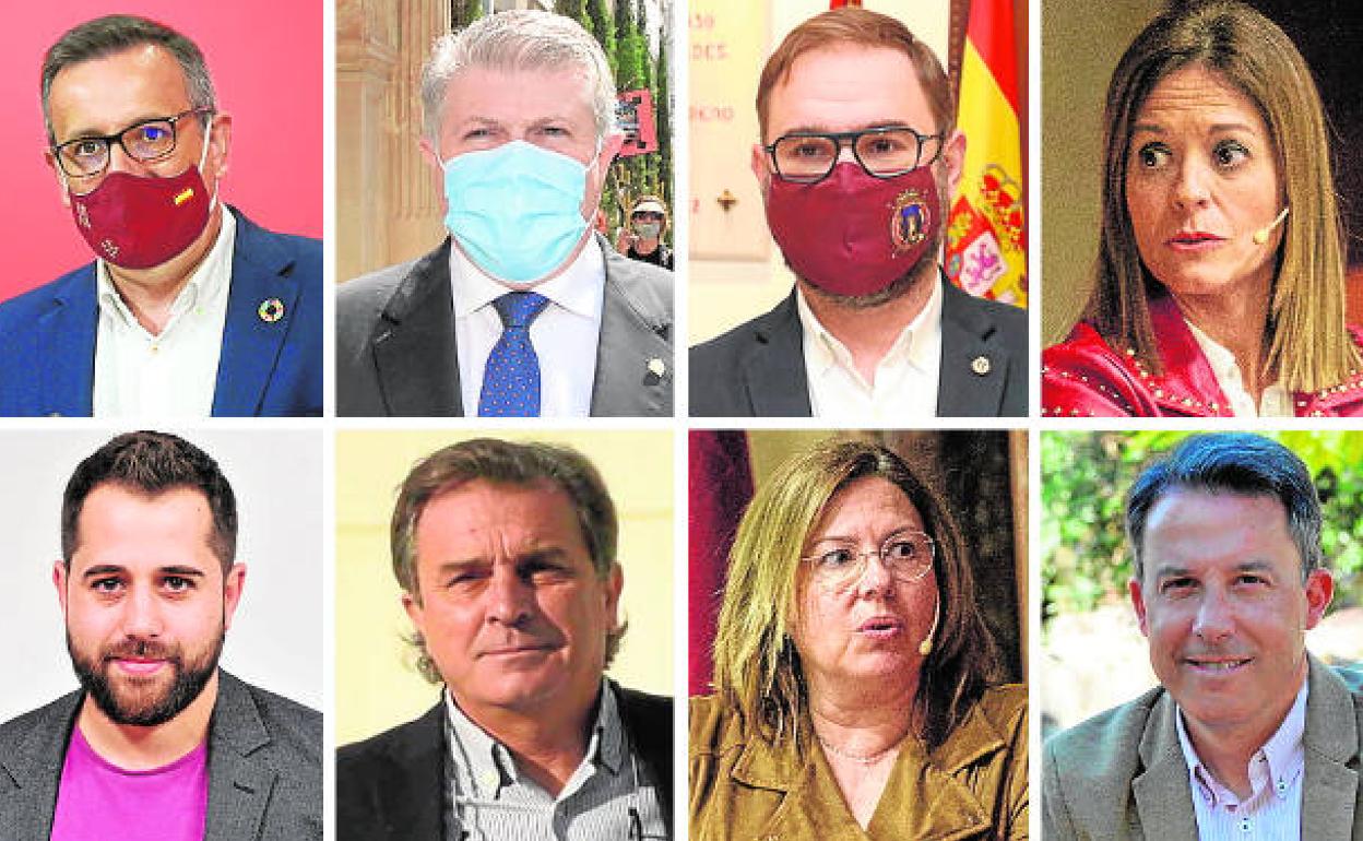 Arriba: Diego Conesa, secretario general del PSRM; José Vélez, delegado del Gobierno; Diego José Mateos, alcalde de Lorca; María del Carmen Moreno, alcaldesa de Águilas; Abajo: Jordi Arce, secretario de Organización del PSOE; José Enrique Gil, teniente de alcalde de Fortuna; Visitación Martínez, alcaldesa de San Pedro, y Fulgencio Gil, portavoz en Lorca.