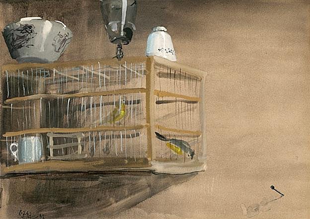 'La jaula' (1947). Bien podría ser, dice Rafael Fuster, «un homenaje velado a 'El jilguero' de Carel Fabritius; aquí aparece la copa traslúcida.