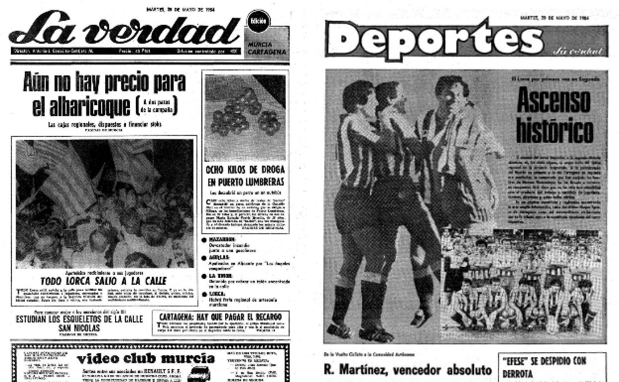 29/05/1984 LA VERDAD dio amplia información del histórico ascenso a Segunda División del Lorca que entrenaba Moreno Manzaneque, que logró dos días antes tras empatar a un gol en Antequera.
