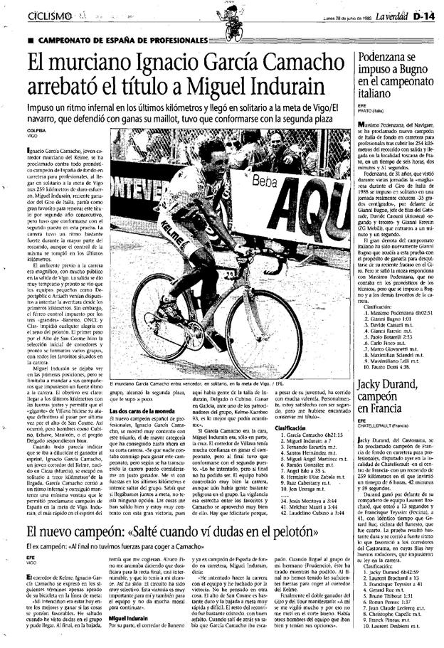 28/06/1993 El triunfo conseguido por el ciezano Ignacio García Camacho en el Campeonato de España de ciclismo de fondo en ruta fue el primero logrado por un corredor de la Región en esta prueba.