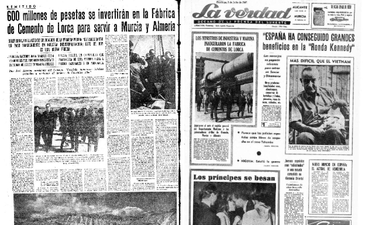 8/7/1967 Una de las fotos de portada mostraba el paseo de los ministros por la fábrica. A la cita no faltaron tampoco los gobernadores civiles en Murcia, Granada y Alicante