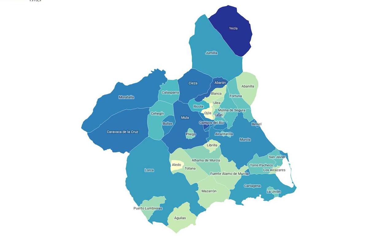 Mapa de incidencia en los municipios de la Región de Murcia.