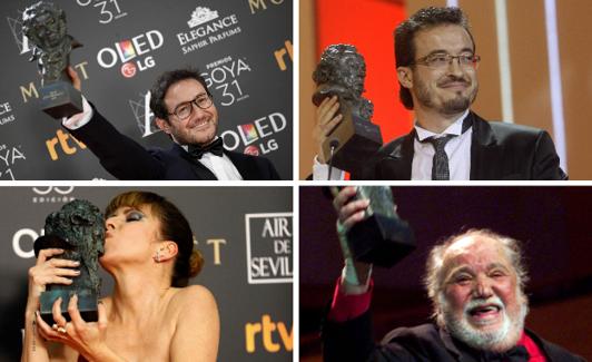 Carlos Santos, 2017. Goya a mejor actor revelación, por su trabajo en la película 'El hombre de las mil caras'. | Roque Baños. Goya a la mejor canción original por 'Salomé', en 2003; y a la mejor música original por 'Las trece rosas' y 'Los crímenes de Oxford', en 2008 y 2009. | Eva Llorach, 2019. Goya a mejor actriz revelación, por su actuación en 'Quién te cantará'. | Francisco Rabal, 2000. Goya a mejor actor, por su interpretación en 'Goya en Burdeos'.