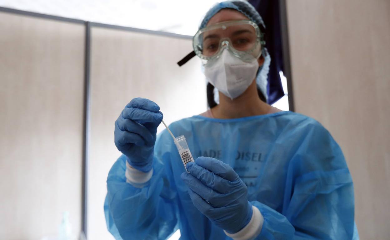 Una sanitaria sostiene una prueba PCR, en una fotografía de archivo.