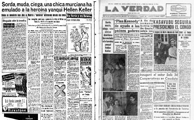 14/3/1961En portada varias fotos mostraban el encuentro de Marujita Cerezo con la actriz norteamericana Rona Gale, que iba a interpretar en el teatro la vida de Hellen Keller. 