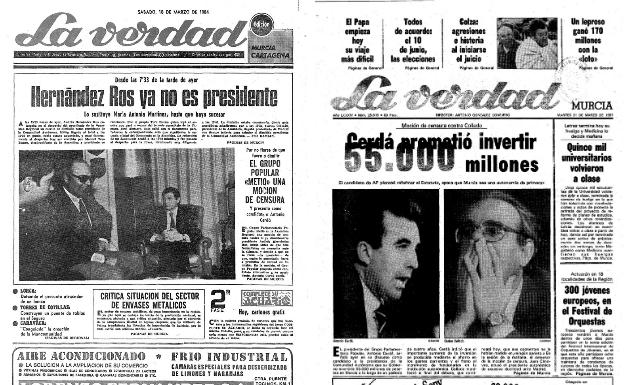 Portadas de LA VERDAD que recogen las mociones de censura contra Hernández Ros y Carlos Collado. 