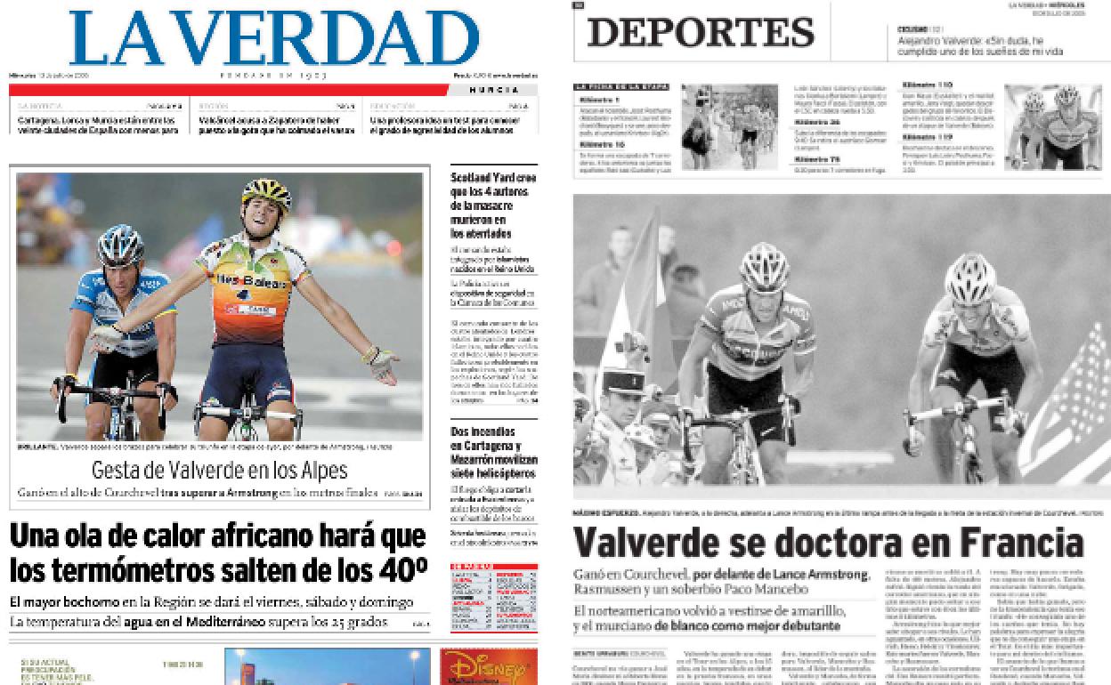 13/7/2005Alejandro Valverde se adjudicó al sprint la primera etapa en os Alpes del Tour de 2005, disputada entre Grenoble y Courchevel, por delante del estadounidense Armstrong.