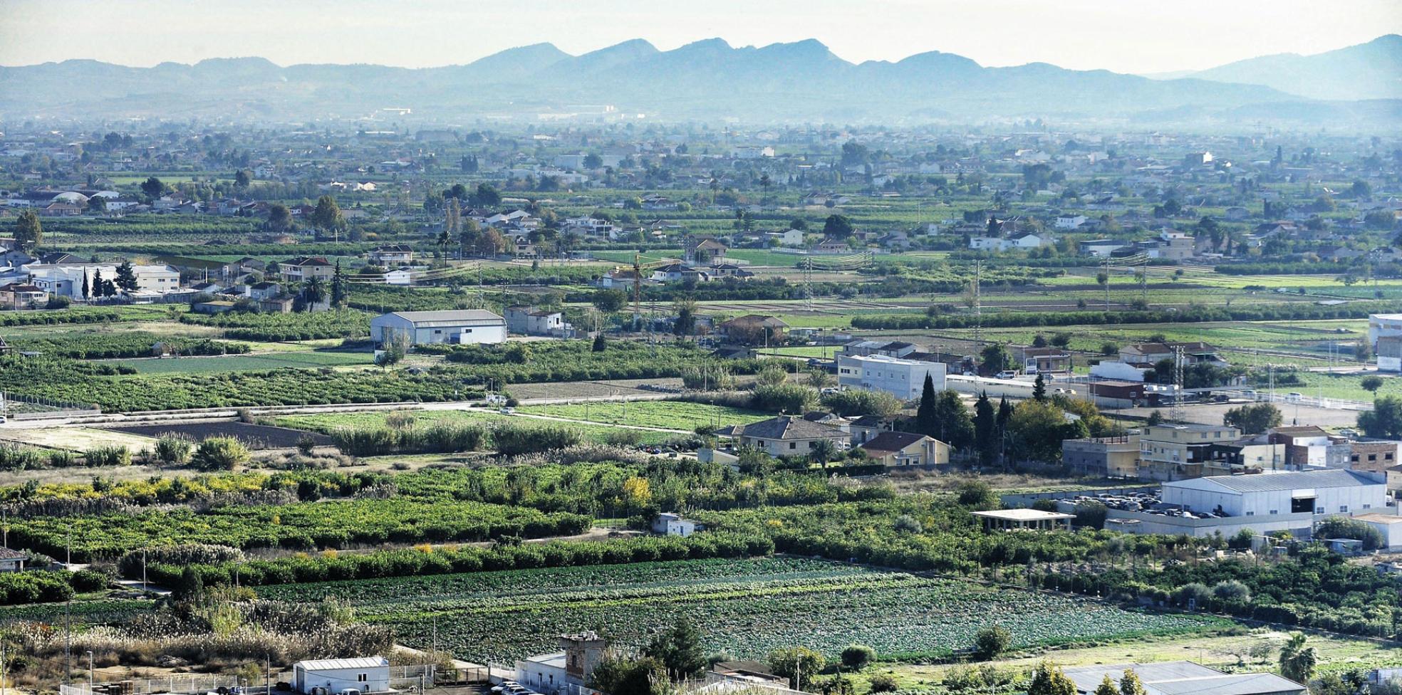 Vista panorámica de un rincón de la huerta de Murcia donde aparecen numerosos espacios todavía verdes. 