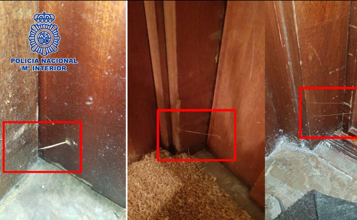 Hilos de pegamento pegados eb las puertas de accesi a varias viviendas.