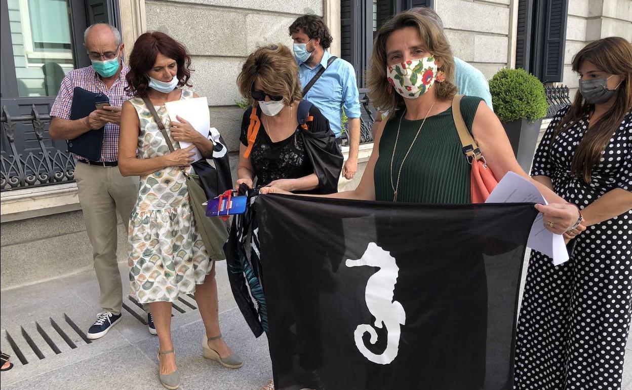 La vicepresidenta Teresa Ribera, con una pancarta a favor del Mar Menor, en julio del año pasado en el Congreso. 