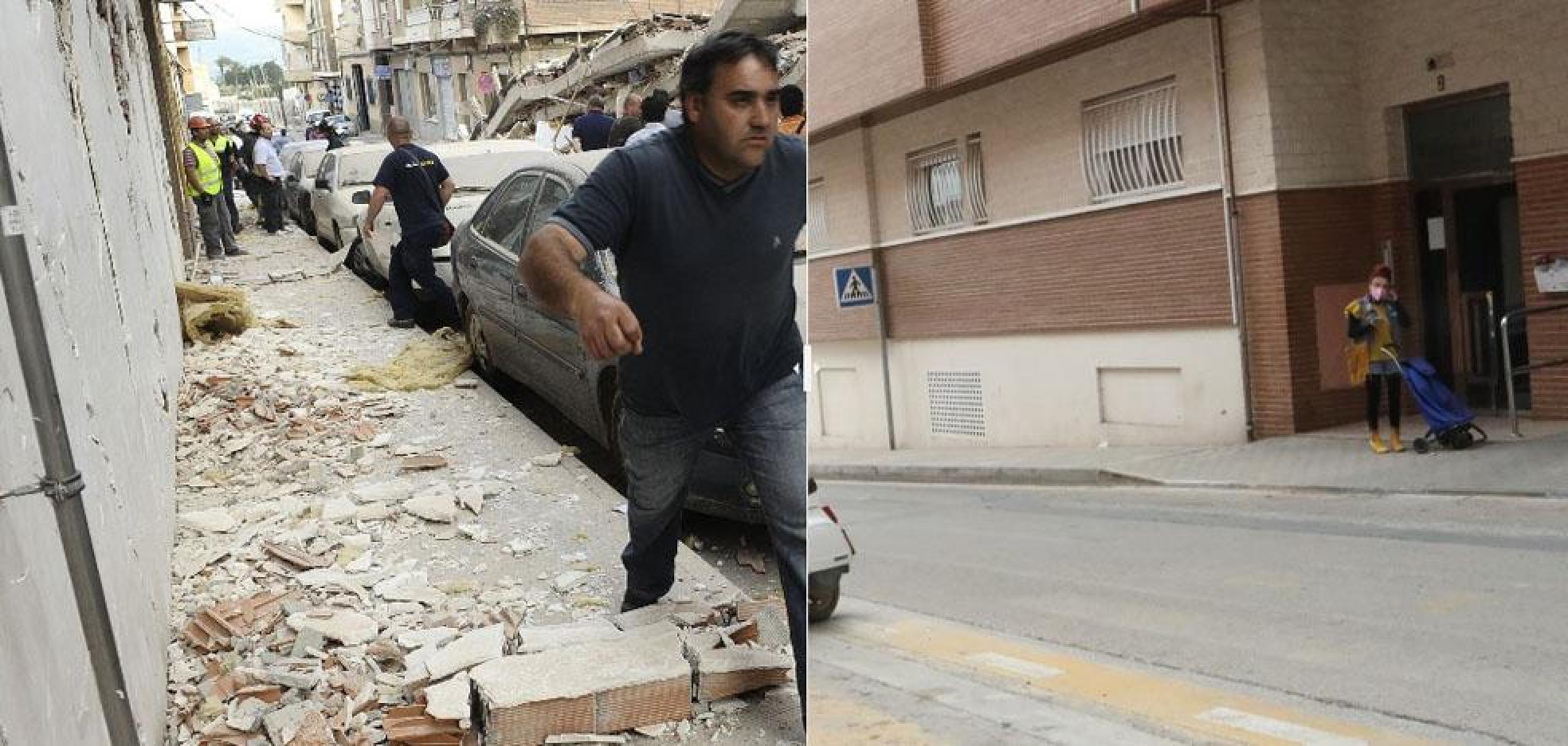 A la izquierda, un hombre corre junto al edificio colapsado en la calle Infante Juan Manuel; a la derecha, diez años después, el bloque reconstruido en su lugar. 