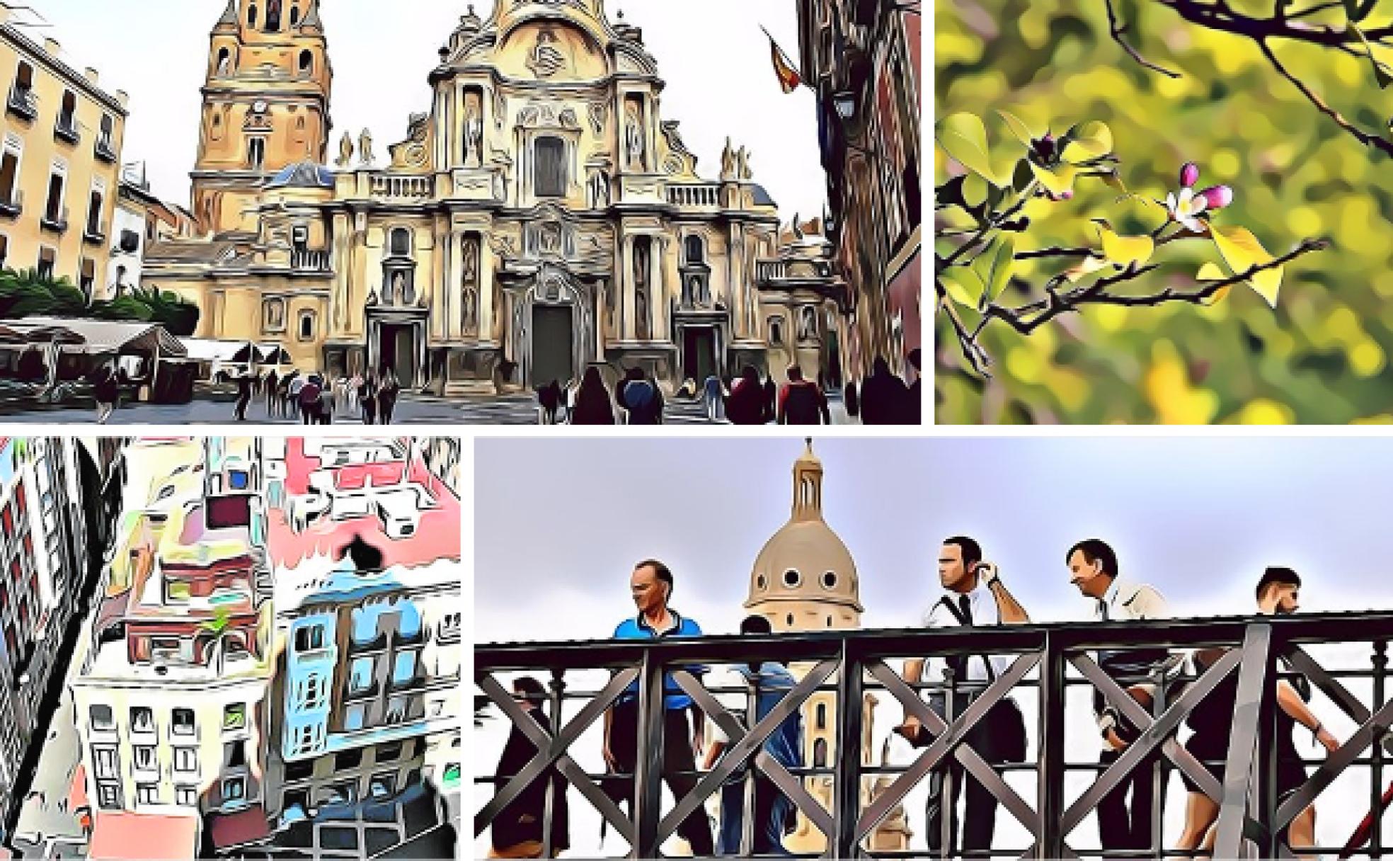 Rincones mágicos. Vista de la fachada de la catedral de Murcia. Flor de azahar en los huertos de la torre del Fraile, en la pedanía El Puntal, en Murcia. La plaza de la Cruz, vista desde la torre de la Catedral. A su lado, viandantes sobre el puente de los Peligros, en Murcia. 