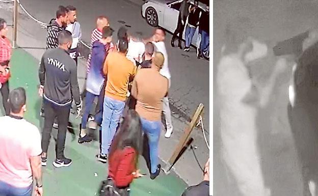 A la izquierda, inicio de la pelea multitudinaria a la entrada del pub; a la derecha, el acusado dispara una ráfaga con un fusil en la puerta del local. 