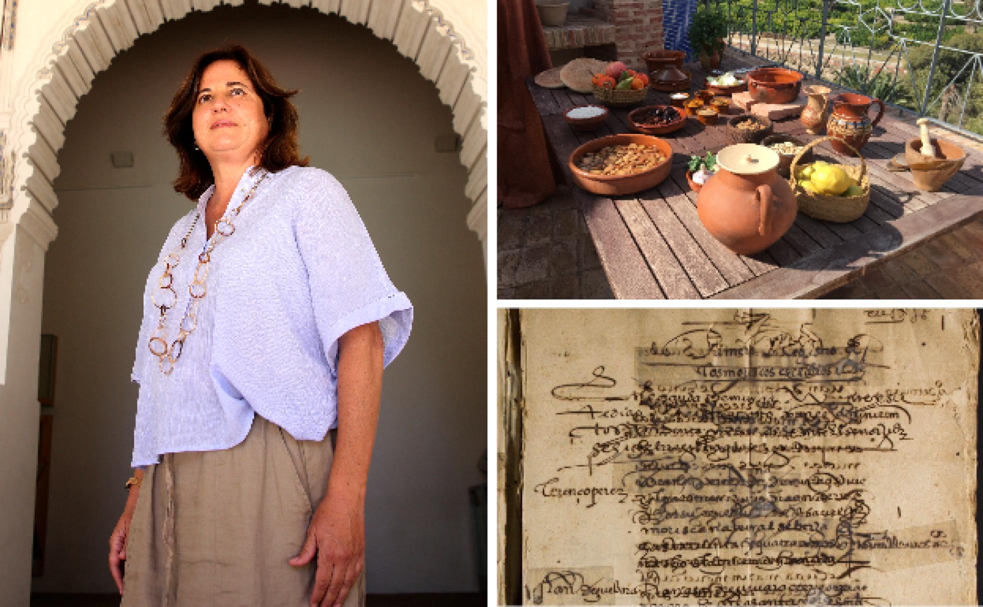 Isabel Esparcia, fotografiada bajo uno de los arcos árabes del Museo de Santa Clara, en Murcia. Varios de los ingredientes y platos moriscos que muestra el documental 'La Fudalat'. Uno de los documentos del padrón de 1583 localizado por Isabel Esparcia en el Archivo Municipal de Murcia. 