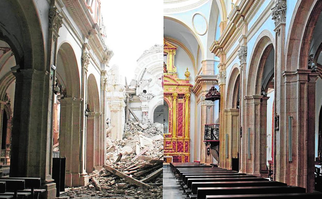 Antes y después de la restauración de la iglesia de Santiago. 