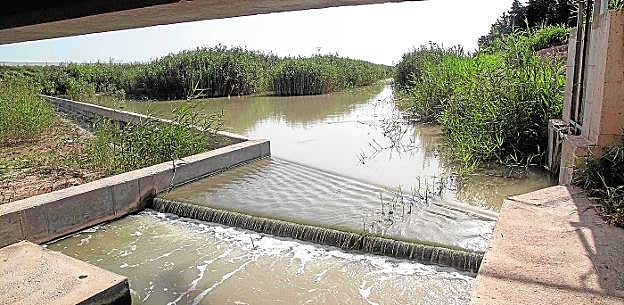 Caudal procedente de la rambla del Albujón, que desemboca en el Mar Menor, en una imagen tomada ayer por la tarde en el punto de aforo. 