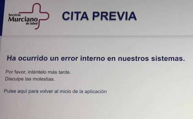 La página web de Murcia Salud mostrando un «error interno» en el servicio de autocita durante la madrugada del jueves. 