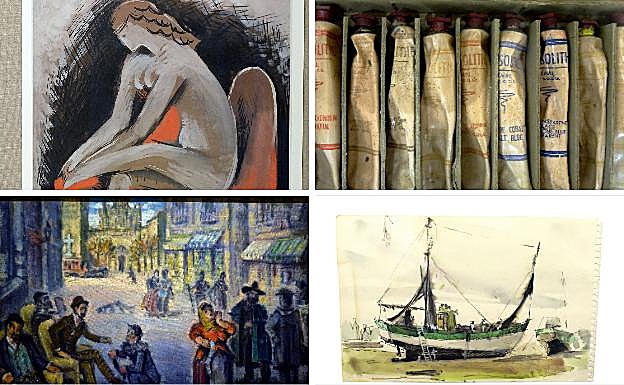 El gouache sobre papel 'Desnudo', 'Los limpiabotas de la Platería' y un apunte de un barco de una estancia en Normandía, además de sus pinturas. 