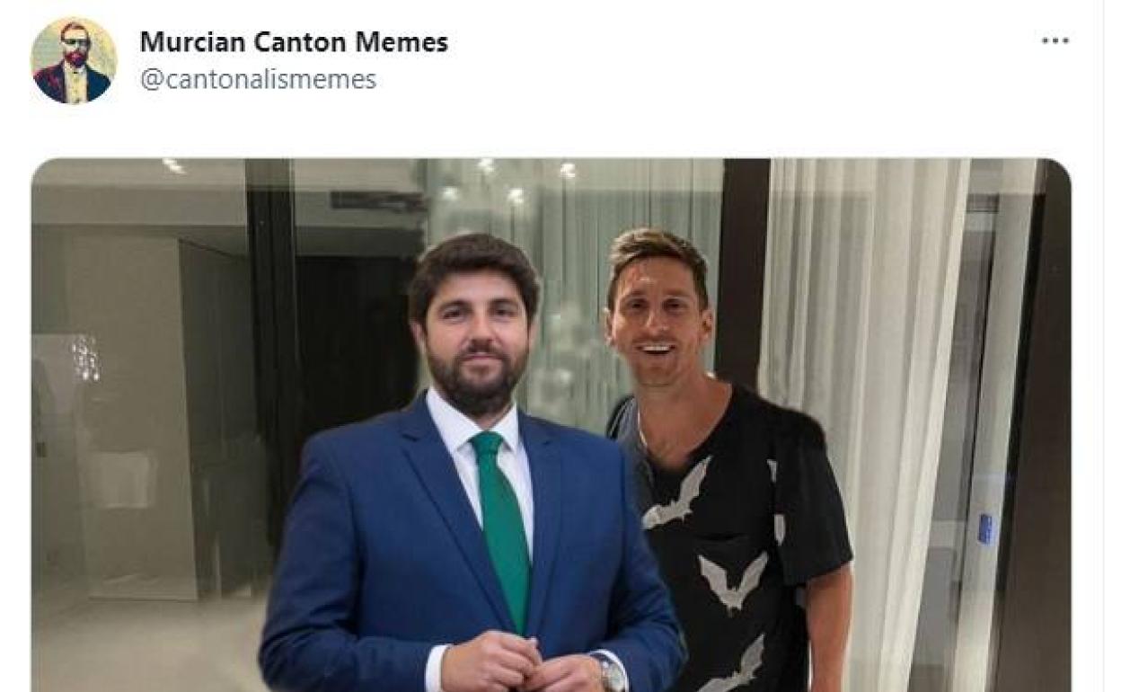 López Miras sustituyendo a Ibai Llanos y junto a Leo Messi en el meme que ha creado @cantonalismemes 