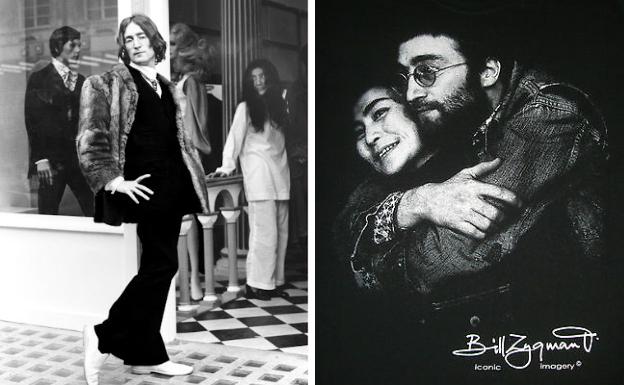 Primera imagen juntos. Mayo de 1968. Lennon posa divertido; a la derecha, Yoko Ono en pantalón. | Yoko Ono y John Lennon abrazados mientras escuchan la grabación de 'Instant Karma!'. Febrero de 1970. 