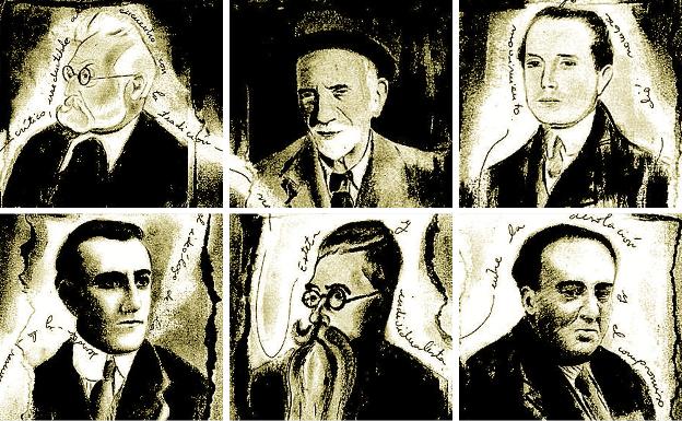 Escritores más representativos de la Generación del 98: Miguel de Unamuno, Pío Baroja, Azorín, Ramiro de Maeztu, Ramón Valle-Inclán y Antonio Machado (de izqda. a drcha. y de arriba abajo). 