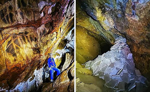 Un espeleólogo en el interior de la Sima de Almendricos, en Lorca. | Basura vertida en una cueva de Lorca. 