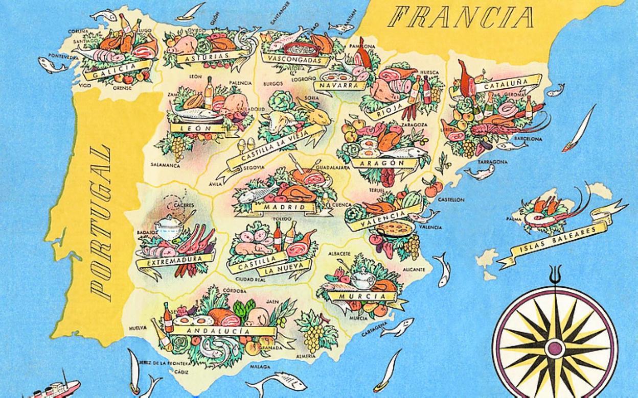 Mapa gastronómico de España de 1945. 