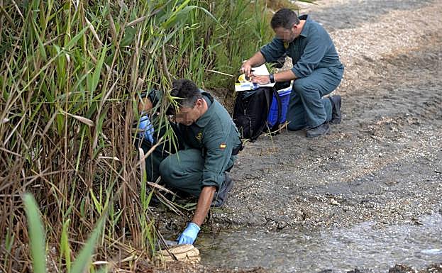 Dos agentes del Seprona toman muestras en la desembocadura de la rambla del Albujón. 