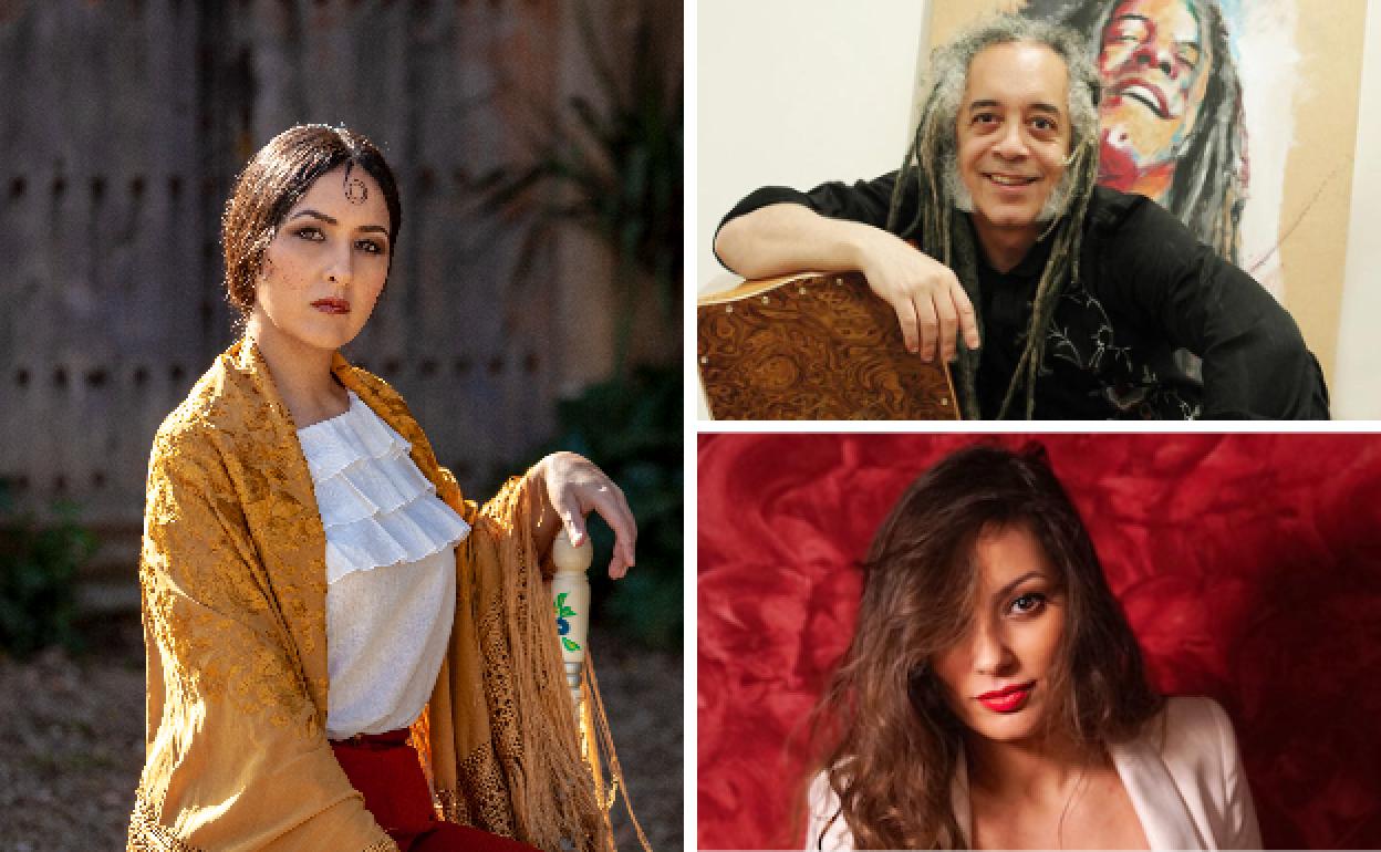 La cantaora santomerana Carmen Doorá. El percusionista Rubem Dantas. La guitarrista lorquina Mercedes Luján.