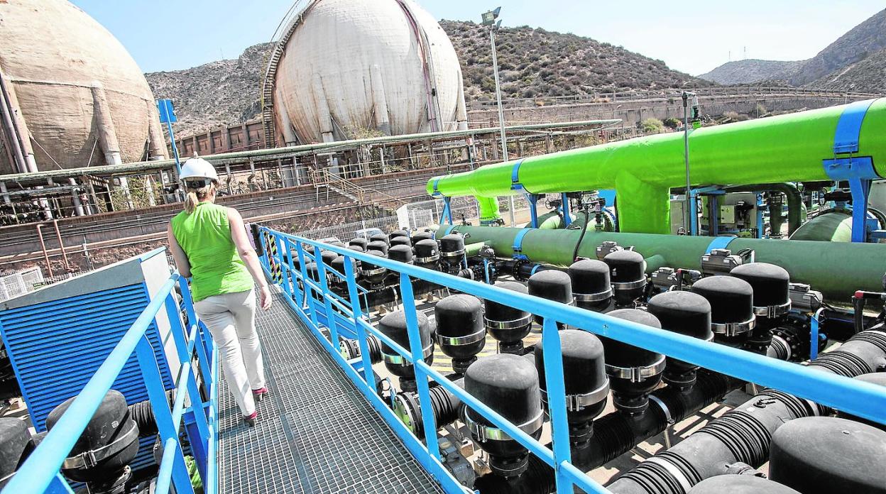 Una técnico recorre las instalaciones de la desaladora de Escombreras, propiedad de ACS y alquilada a la Comunidad. 