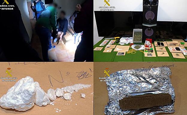 Los agentes junto a uno de los detenidos, y la droga y efectos incautados por la Benemérita.