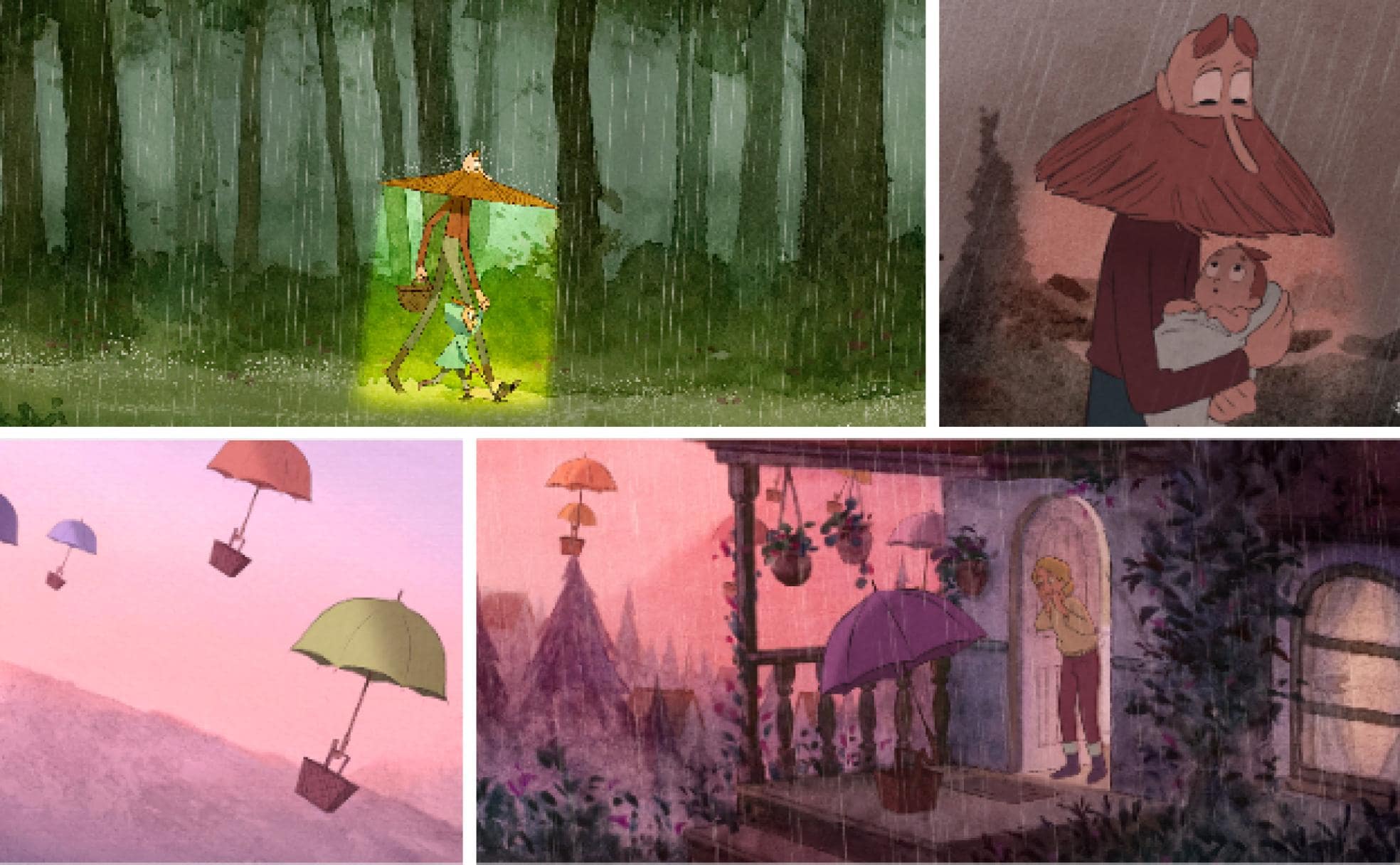 Fotogramas del cortometraje 'Umbrellas' donde aparecen los protagonistas, Kyna y su padre Din, y los paraguas que llevan a los bebés a sus casas en el universo donde se ambienta.